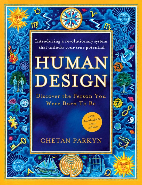 Boek 'Human Design' door Chetan Parkyn met een blauwe cover met astrologische en spirituele symbolen. Goudkleurige tekst met titel.