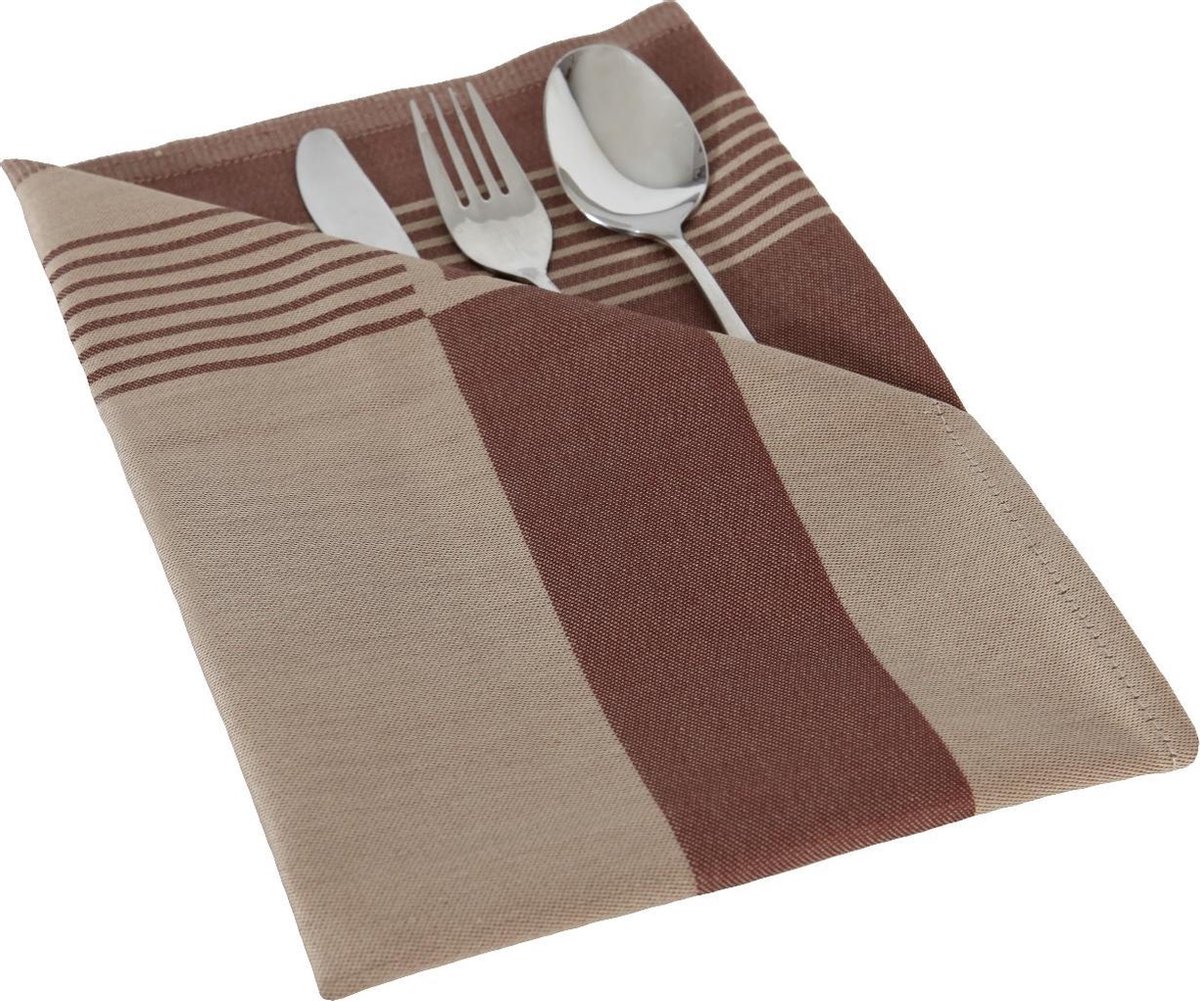 Combi Deal! Damast Tafelkleed , 'Lineair Taupe/Bruin 115x115cm' Plus 4 Bijpassende Servetten, De Witte Lietaer, 100% Katoen
