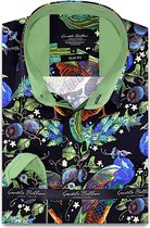 Heren Overhemd - Slim Fit - Peafowl Motive Satijn - Zwart - Maat XL