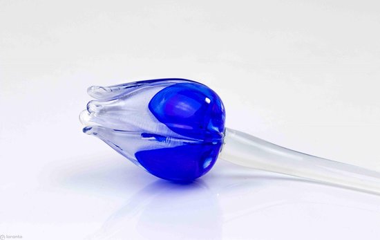Blauw witte tulp - Tulp van glas 50 cm – bloem van glas – glaskunst – beeld van glas geschenk- cadeau