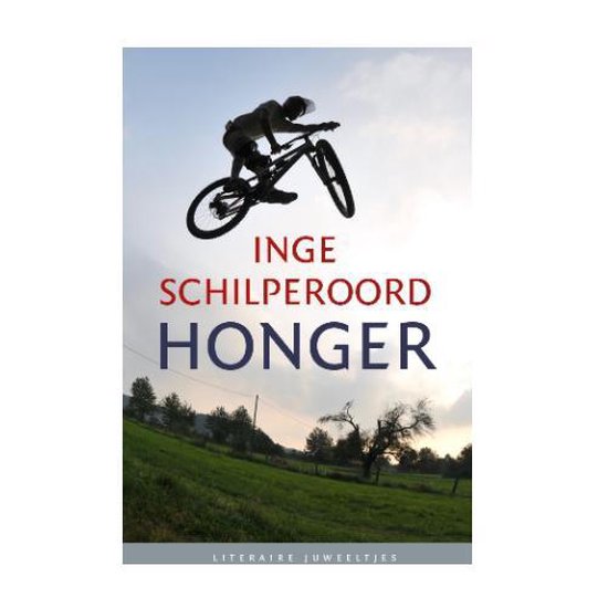 Boekomslag met silhouet van een fietser die een sprong maakt in de lucht, met de tekst 'INGE SCHILPEROORD HONGER'.