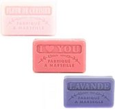 Soap bar set - zeep savon de marseille Kersenbloesem, I love you, Lavendel 3x60 gr.