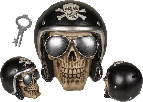 Tirelire tête de mort tête de mort casque moto noir - 16 x 13 cm - avec clé  - cadeau... | bol.com