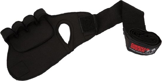 Zwarte vingerloze handschoen met polswrap, logo en klittenbandsluiting.