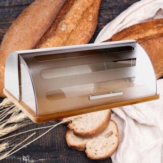 Decopatent ® avec volet roulant - Boîte à pain en bois de Bamboe avec couvercle coulissant en plastique - Gardez le pain frais - Dimensions 39 x26,5 x15,5
