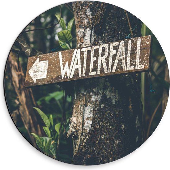 Dibond Wandcirkel - Wegwijzer Bordje 'Waterfall''  - 30x30cm Foto op Aluminium Wandcirkel (met ophangsysteem)