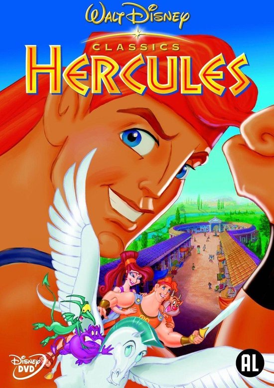 De cover van de Disney DVD van Hercules, met Hercules, Megara, Phil en Pegasus.