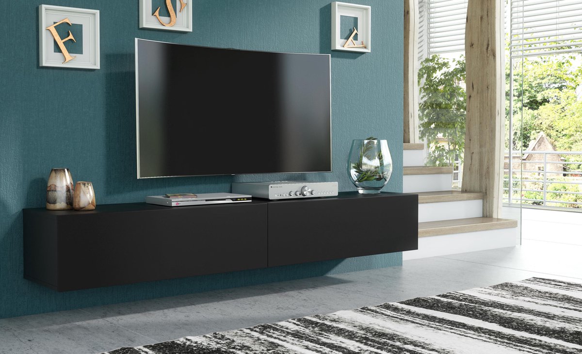 Pro-meubels - Hangend Tv meubel - Tv kast - Tunis - Mat zwart - 200cm - 2x100cm - Pro-meubels