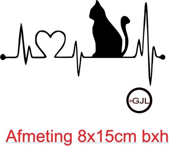 Autosticker - Raamsticker hartslag -poes - kat - dieren   afmeting 8x15cm kleur zwart