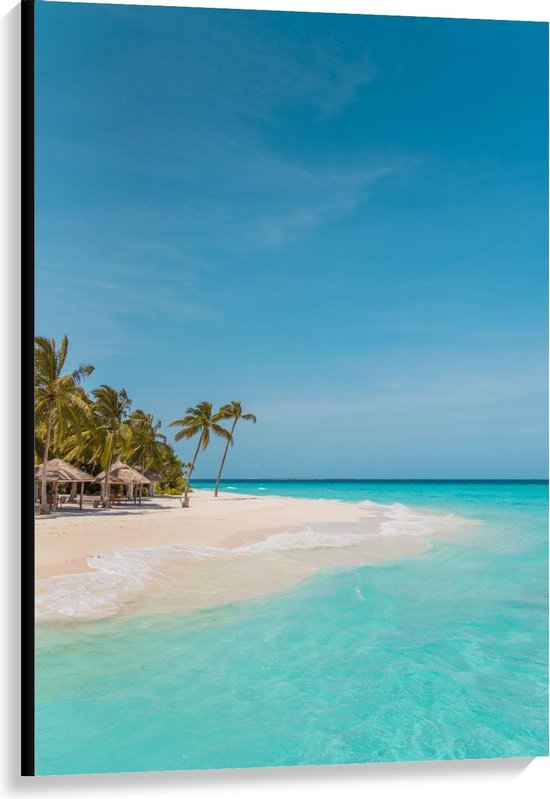 Canvas  - Tropisch Wit Strand met Blauwe Zee en Palmbomen - 80x120cm Foto op Canvas Schilderij (Wanddecoratie op Canvas)