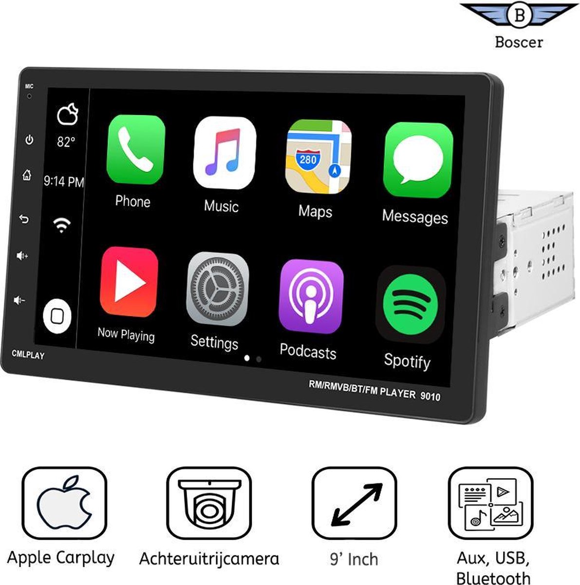 Boscer® 1Din Autoradio | Apple Carplay | 9' HD verstelbaar scherm | USB,  Aux,... | bol.com