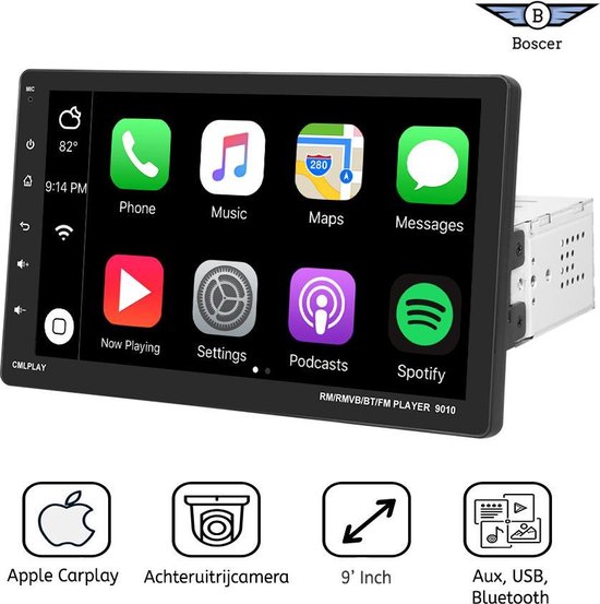 Mediaan bespotten Gezag Boscer® 1Din Autoradio | Apple Carplay | 9' HD verstelbaar scherm | USB,  Aux,... | bol.com
