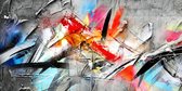 JJ-Art (Canvas) | Abstract industrieel in olieverf look - woonkamer | modern, beton, ijzer, staal, rood, oranje, geel, grijs, blauw | Foto-Schilderij print op Canvas (canvas wandde