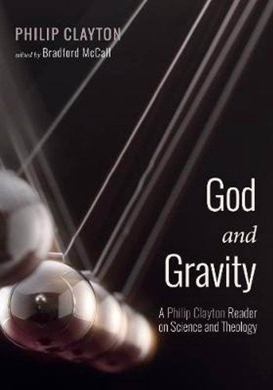 Boekhoes met de titel 'God and Gravity', met een Newtonpendule op de achtergrond.