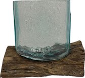 Glas op stronk - Vaas op hout - Glazen vaas op boomstronk - Geblazen glas - Woondecoratie landelijk - 14,5 cm
