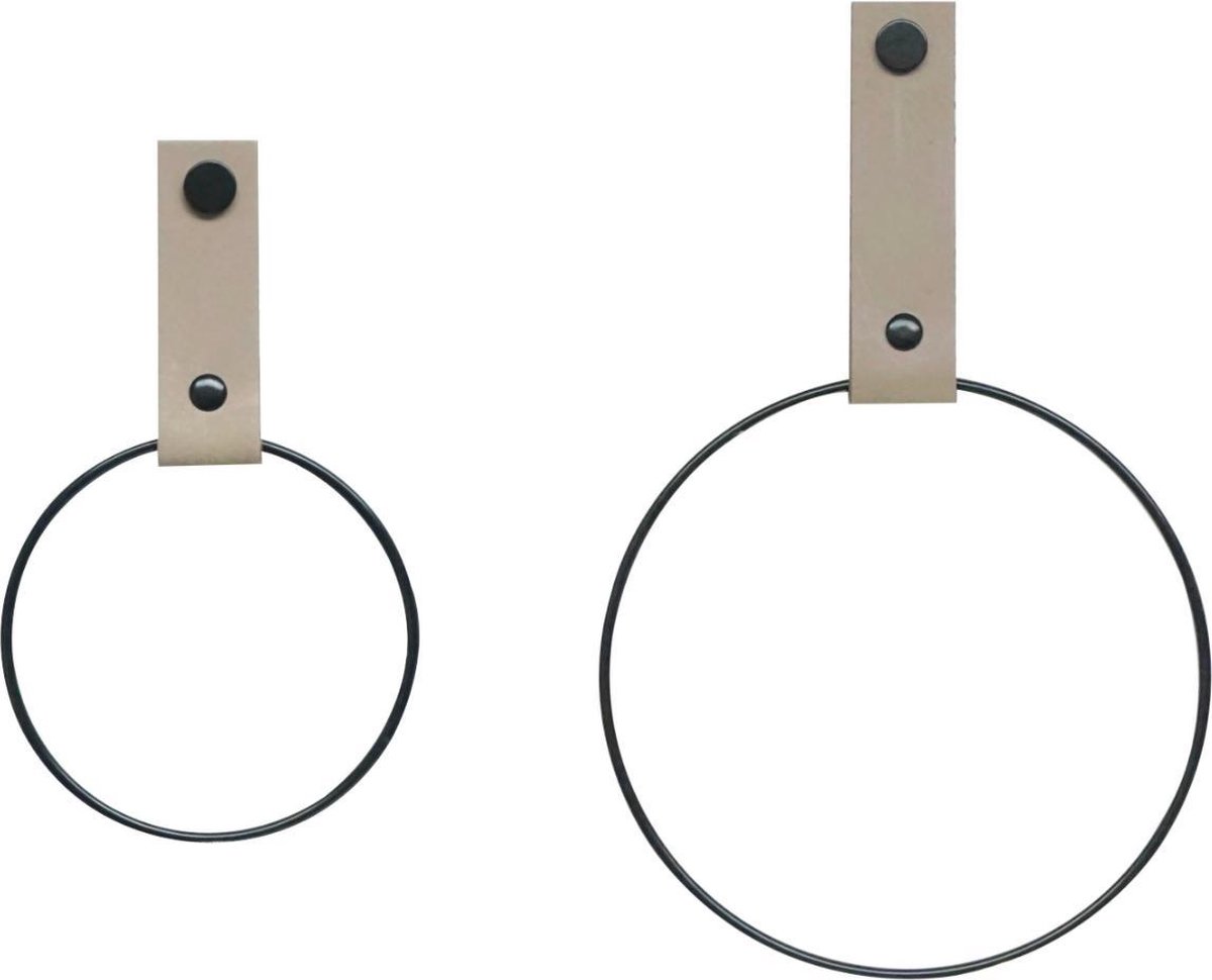 SETPRIJS! 2x Leren Handdoekring | TAUPE - maat S + M (handdoekhanger - handdoekhaakje)