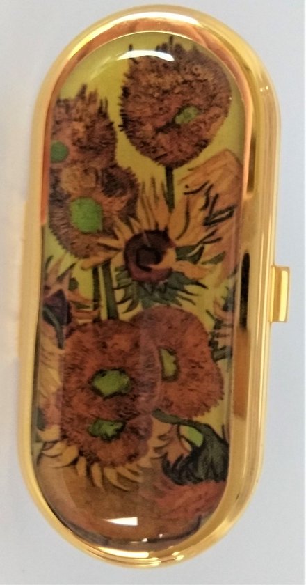 Zeeuws Meisje - Luxe Lippenstifthouder met spiegeltje - messing verguld met echt goud - afbeelding zonnebloemen Vincent van Gogh