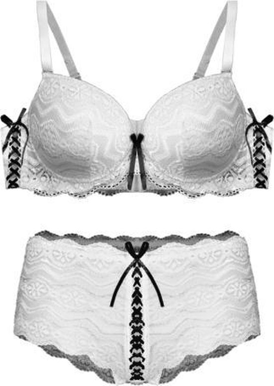 Lingerie setje kant Fine Woman voorgevormde bh met short wit met zwart lint  90 C | bol.com