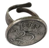 Zeeuws meisje - Ring - Jaartal 1950 - Cadeau geboortejaar jubileum - Gulden munt kwartje - verstelbaar een maat- zwaar verzilverd