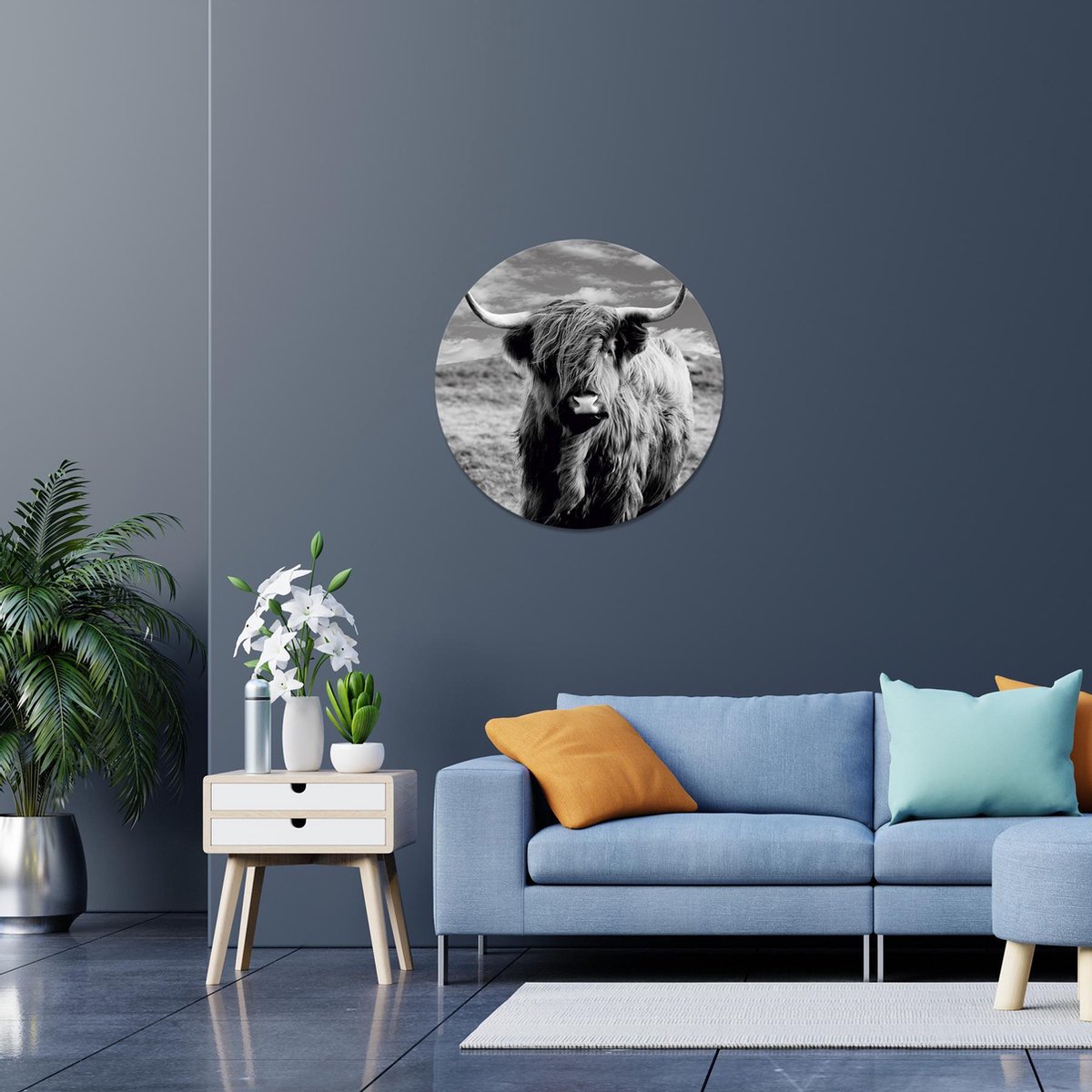 Wandcirkel Highlander | Round 60 cm | Schotse hooglander | koe wanddecoratie | alupanel/dibond
