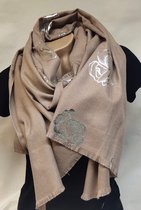 Dames lange sjaal met zilver rozen beige 180x70cm