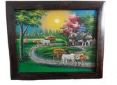 Schilderij op hout voor woonkamer, slaapkamer Thais landschap met koeien en huisjes lengte 60 cm breedte 50 cm.