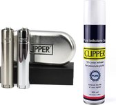 Clipper Aansteker Voordeelpakket Metaal Zilver Mat en Glazend (2 Stuks) + Clipper Isobutaan Gas (1 Bus)
