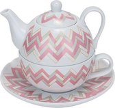 Theepot met Mok en Schotel - ø11xh14.5cm - 36.5cl - Mok 30cl - Roze/ Grijs