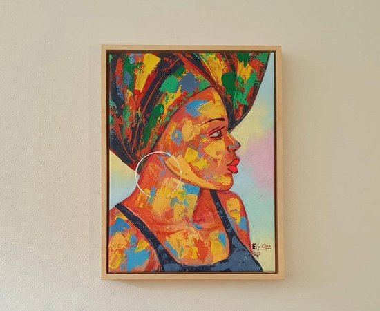 Wanddecoratie - Woonkamer - Mother Morning Star - Schilderij - Handgeschilderd - in houten baklijst - 40x30cm - Woonkamer Schilderij - Slaapkamer schilderij - Ghana