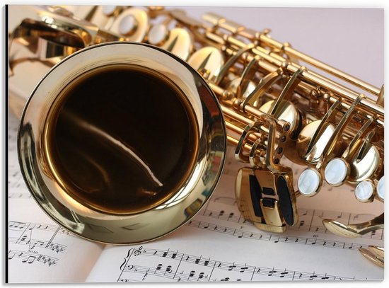 Dibond - Saxofoon met Muziek Boekje - 40x30cm Foto op Aluminium (Wanddecoratie van metaal)