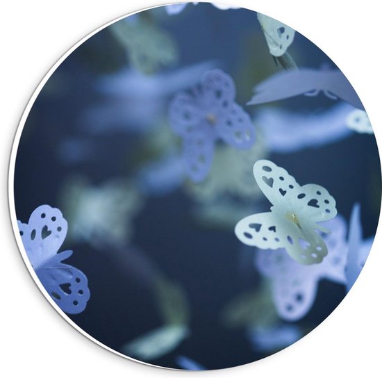 Forex Wandcirkel - Blauw/Groene Papieren Vlindertjes - 20x20cm Foto op Wandcirkel (met ophangsysteem)