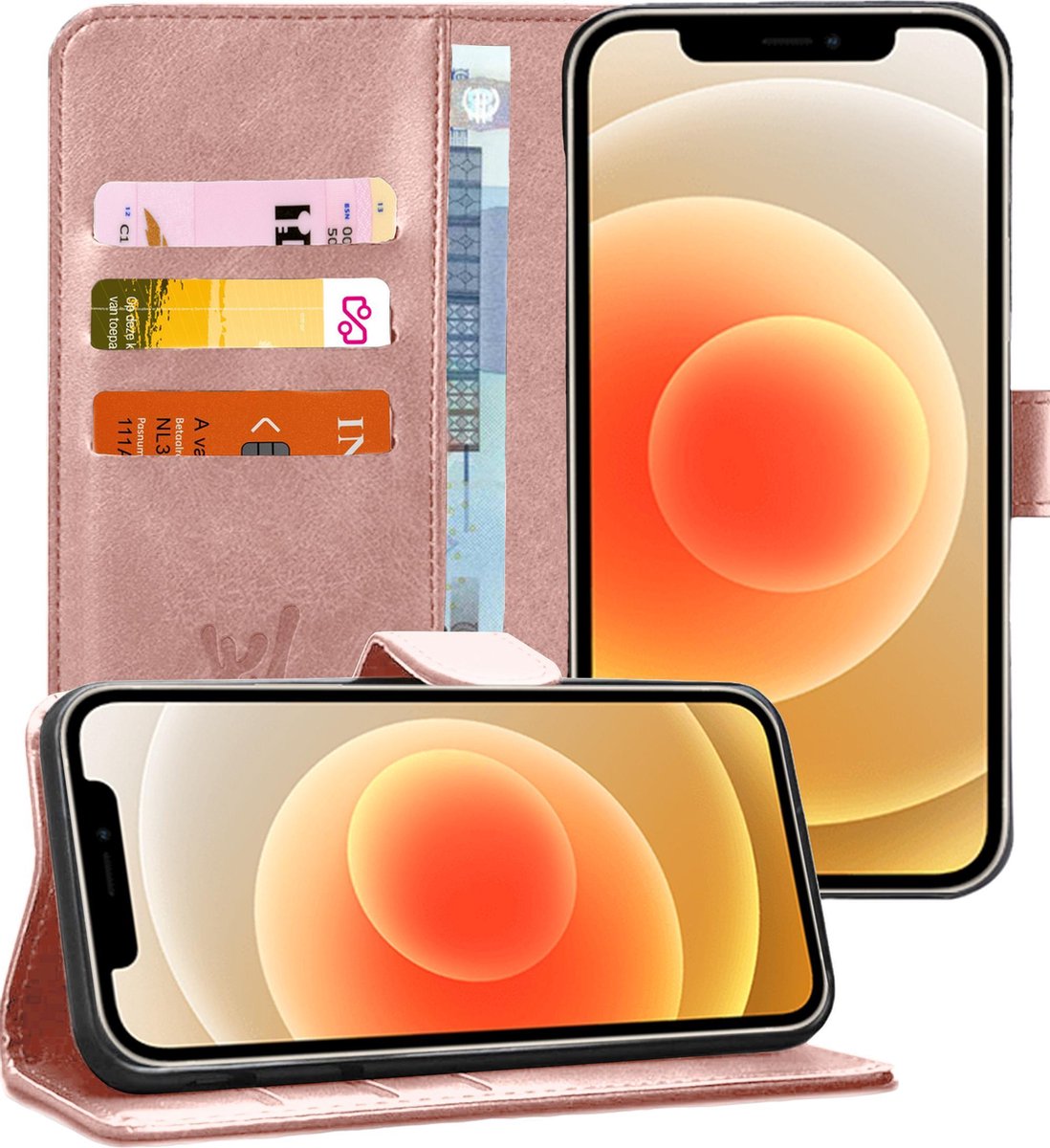 Hoesje geschikt voor iPhone 12 Mini - Book Case Kunstleer Pasjeshouder Rosegoud