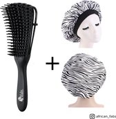 Zwarte Anti-klit Haarborstel + Witte tijger print satijnen slaapmuts | Detangler brush | Detangling brush | Satin cap / Hair bonnet / Satijnen nachtmuts / Satin bonnet | Kam voor Krullen | Kroes haar borstel