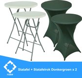 Statafel x 2 + Donker Groen Statafelrok x 2 – 80 cm Dia x 110 cm hoog – Cocktailtafel – Hoge staan tafel – Breed Blad – Inclusief Donker Groen Statafelhoes – Staantafelrok Stretch Rok