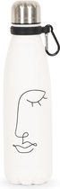 Wattamula Design eco RVS drinkfles - wit line-art - met extra carrier - 500 ml - waterfles - thermosfles - sport