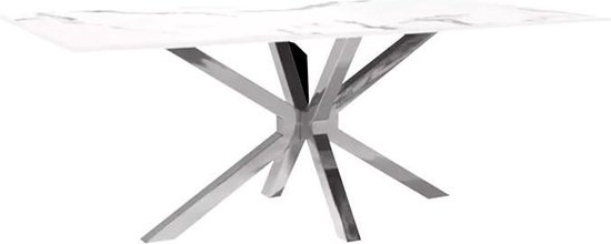 Maxicomfy Eettafel Websy (rechthoekig) 200 x 100 x 76 cm | Wit marmer blad met zilveren onderstel