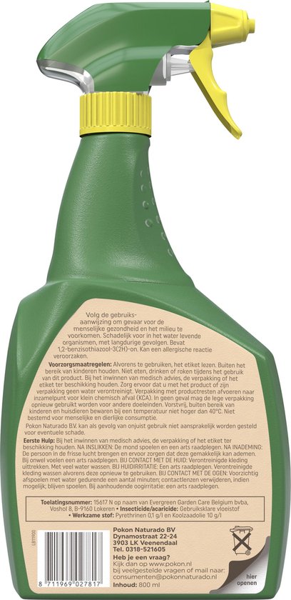 Achterkant groene sprayfles met gebruiksaanwijzing, "Pokon"