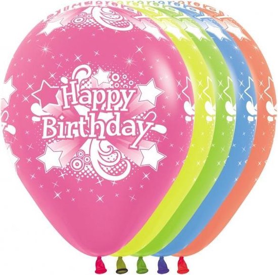 Ballonnen Happy Birthday Neon  kleuren, 5 stuks, 100% biologisch afbreekbaar.