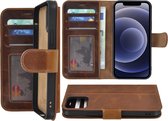 Iphone 12 Pro Max Hoesje - Bookcase - Iphone 12 Pro Max Hoesje Portemonnee wallet Echt Leer Cognac Bruin Cover