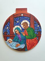 Mdf wandbord in de vorm van een kerstbal Jozef, Maria en kindje Jezus
