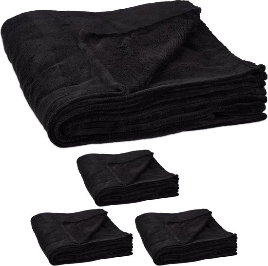 Relaxdays 4 x fleece deken groot - – woondeken - grand foulard - 150x200 cm – zwart | bol.com