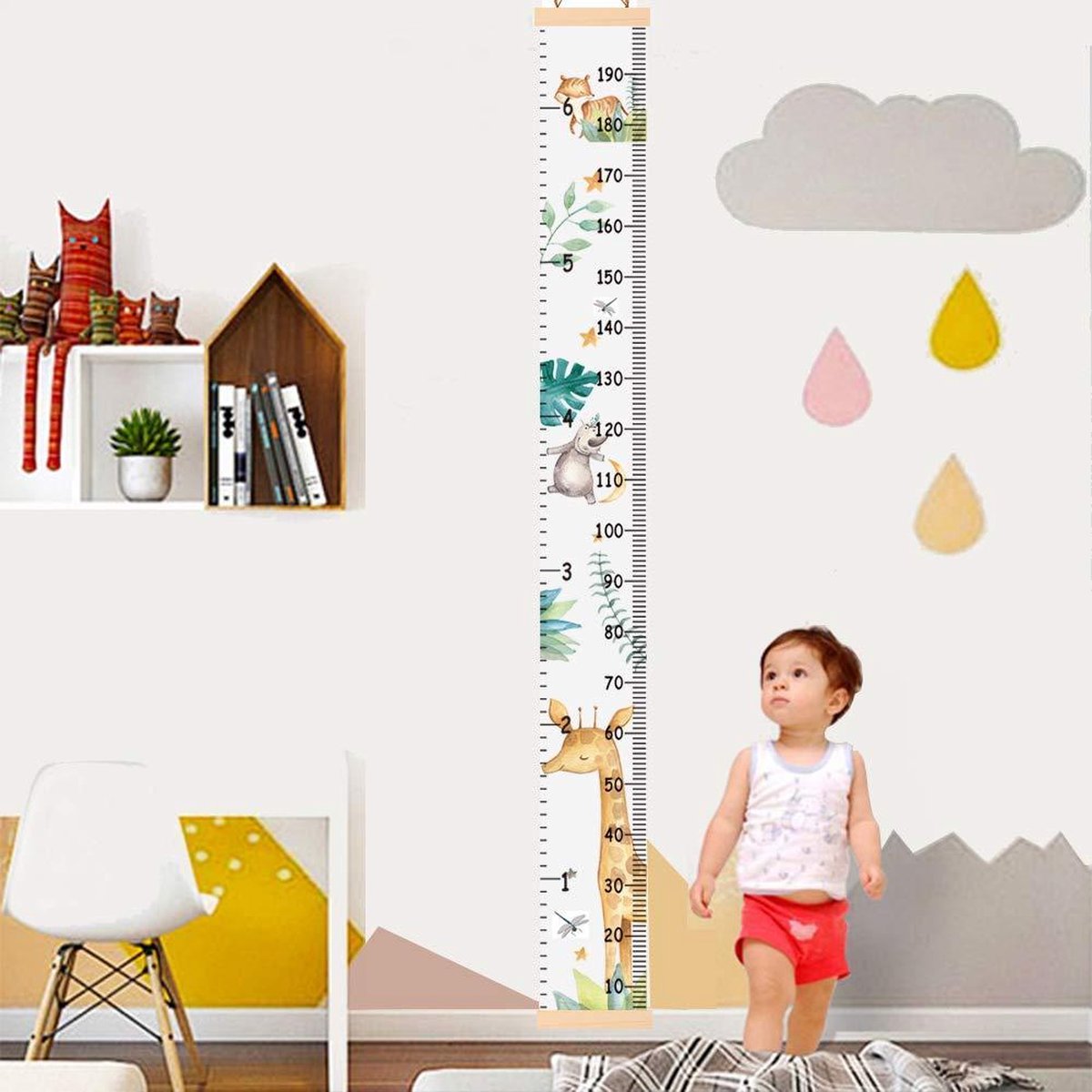 Vitamo Groeimeter Giraf & Co - Dieren - Canvas Stof en Hout - Kinderkamer decoratie - Babykamer accessoires - Wanddecoratie - Kraamcadeau - VITAMO