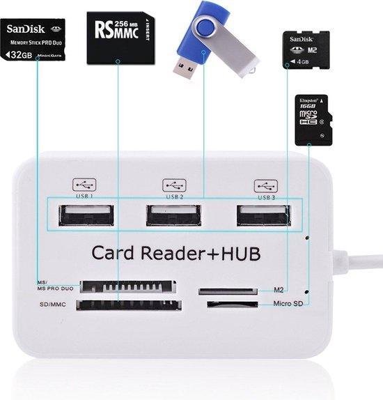 Buzz Products - Multi USB 2.0 Hub Splitter & Geheugenkaartlezer - 3 Poorts Verdeler Met Memory Card - MMC/TF/Micro SD Kaart Reader - Wit - Buzz Products