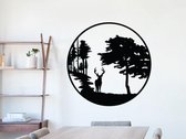 HOUTEN WANDDECORATIE / WOODEN WALL DECORATION - MUURDECORATIE / WALL ART - HERT IN BOS / DEER IN FOREST - 95 x 95cm - ZWART / BLACK - WANDFIGUUR - ECHT HOUT - REAL WOOD - NATUUR -