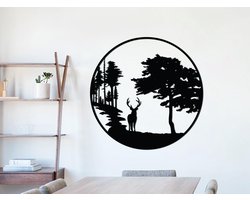 HOUTEN WANDDECORATIE / WOODEN WALL DECORATION - MUURDECORATIE / WALL ART - HERT IN BOS / DEER IN FOREST - 95 x 95cm - ZWART / BLACK - WANDFIGUUR - ECHT HOUT - REAL WOOD - NATUUR - WILD - ARDENNEN
