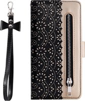 Wallet Black Gold Wallet Book-case Zipper Cover pour Samsung Galaxy S21
