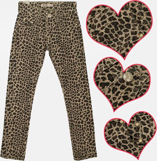 Pantalon fille jeans imprimé léopard marron taille 128/134