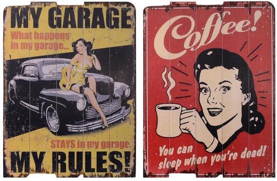 Wanddecoratie - Vintage print hout Koffie en Garage - Set van 2 - 50 cm breed