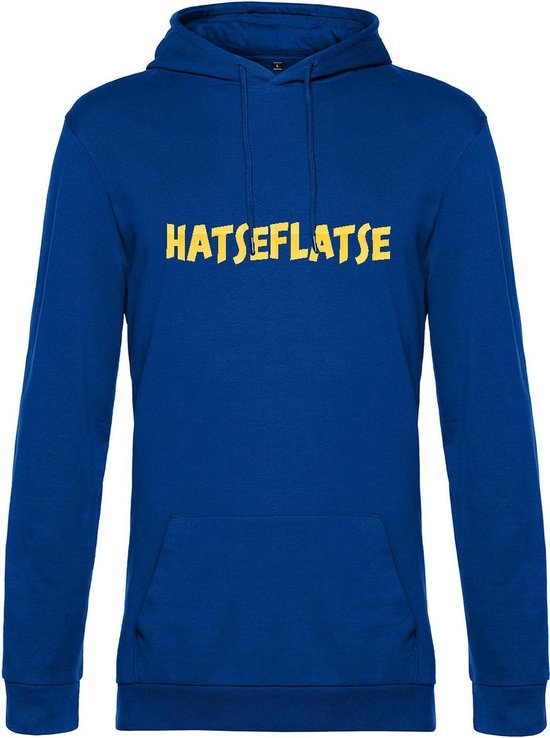 Hoodie met opdruk “Hatseflatse” - Blauwe hoodie met gele opdruk – Trui met Hatseflats - Goede pasvorm, fijn draag comfort