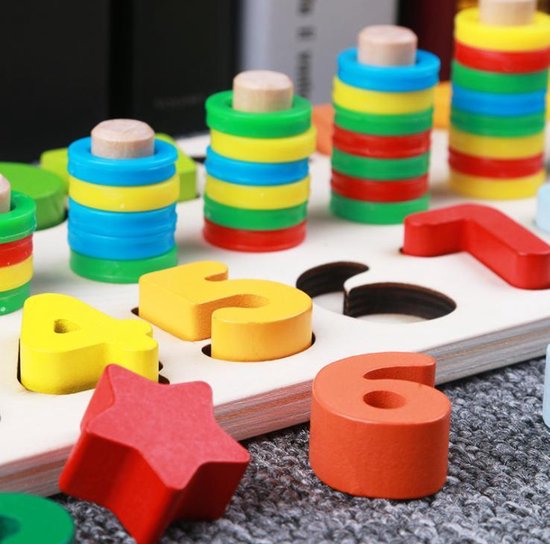 Afbeelding van het spel 3-in-1 Rekenen & Kleuren & Vormen & Nummer Vormenpuzzel - Tellen en stapelen - Wooden Blocks, Puzzle, Children Toy for Toddlers, Montessori Toys from 3–7 Years, Ideal Montessori - Early Education Toy for Counting Numbers